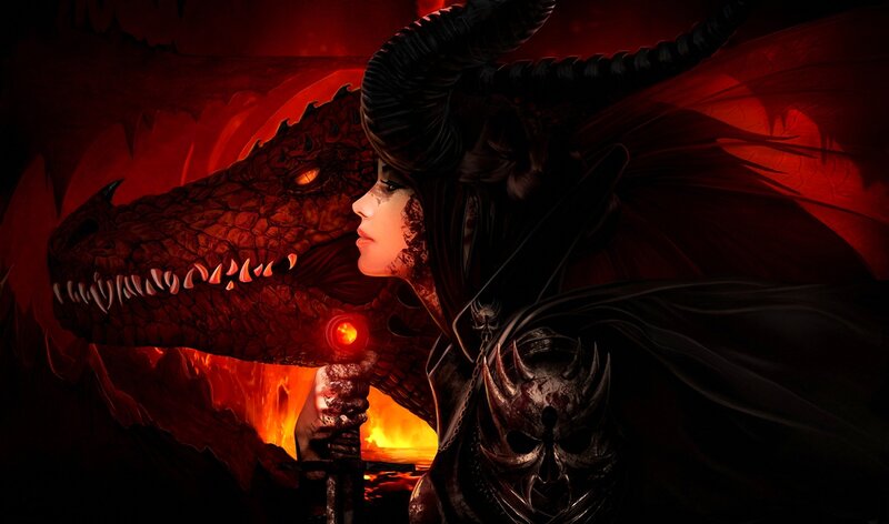 Woman with Dragon — Red, Dramatic, Night, Digital Art, Sword