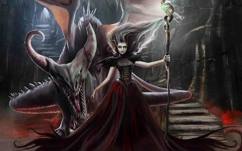 Woman with Dragon — Red, Dramatic, Night