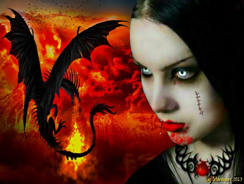 Woman with Dragon — Red, Dramatic, Sunset, Digital Art, Blood