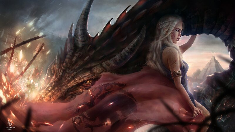Woman with Dragon — Red, Dramatic, Sunset, Digital Art, Fire
