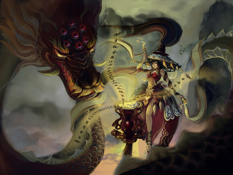 Woman with Dragon — Red, Dramatic, Sunset, Digital Art, Sword, Scroll