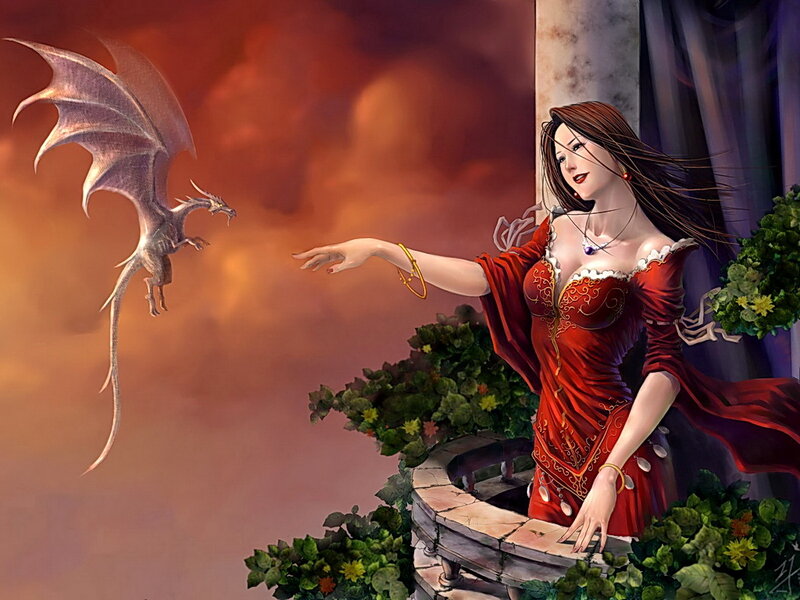 Woman with Dragon — Red, Dramatic, Sunset, Digital Art