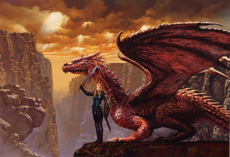 Woman with Dragon — Red, Dramatic, Sunset, Illustration