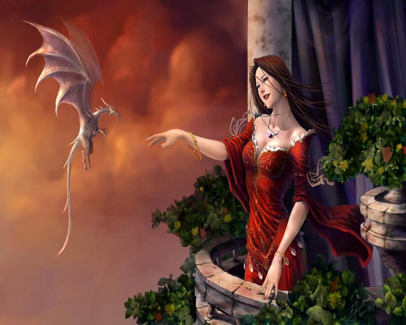 Woman with Dragon — Red, Dramatic, Sunset