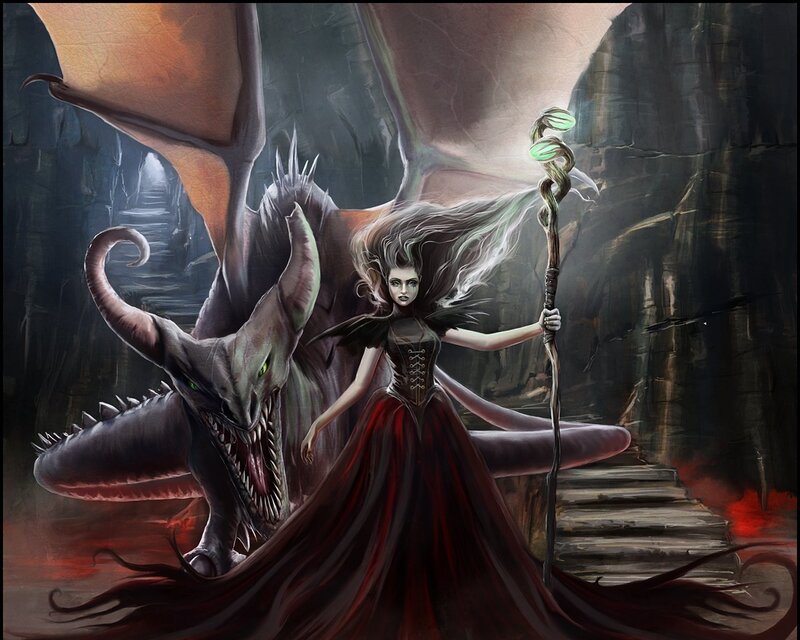 Woman with Dragon — Red, Dramatic
