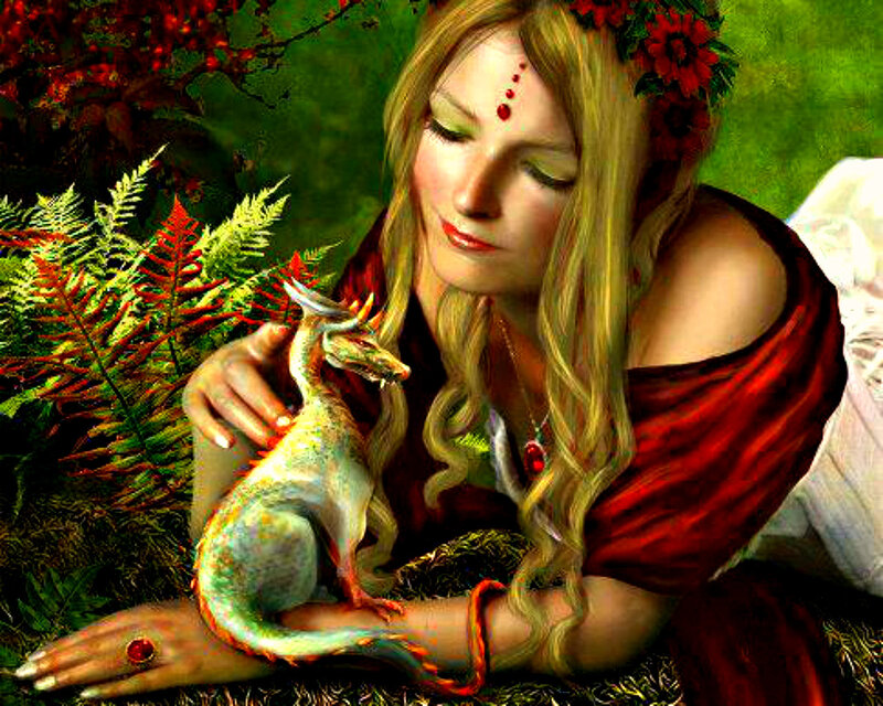 Woman with Dragon — Red, Serene, Digital Art