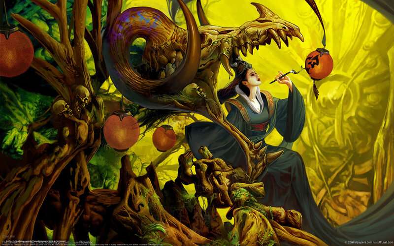Woman with Dragon Skull — Yellow, Dramatic, Night, Digital Art