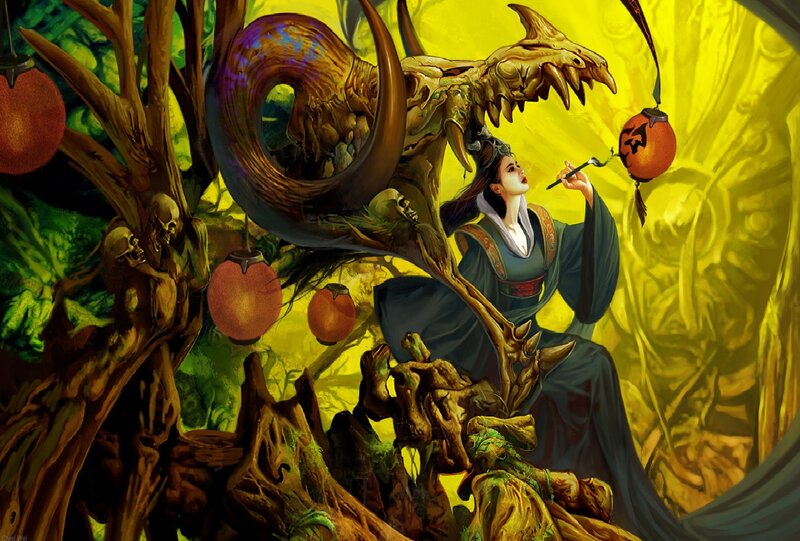 Woman with Dragon Skull — Yellow, Dramatic, Night