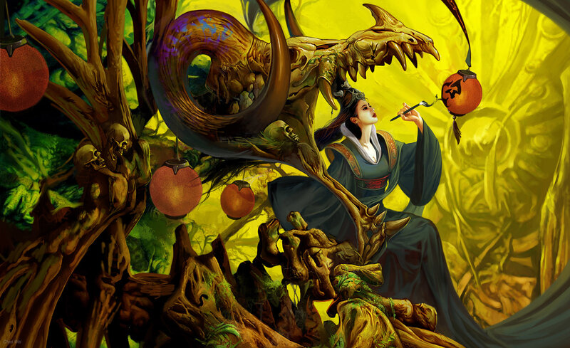Woman with Dragon Skull — Yellow, Dramatic