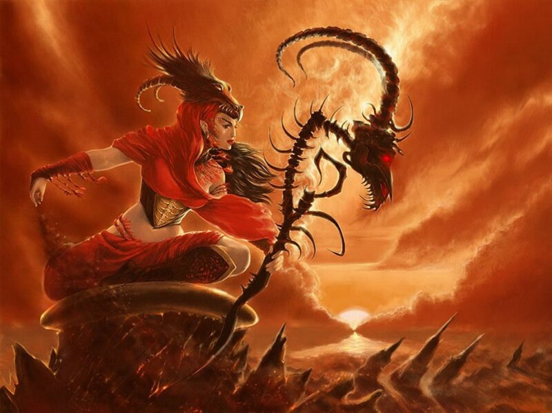 Woman with Dragon Staff — Red, Dramatic
