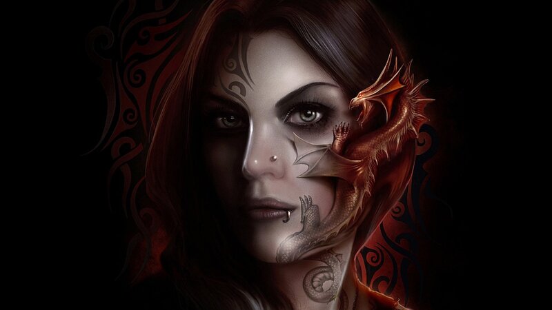 Woman with Dragon Tattoo — Black, Dramatic, Digital Art, Face Paint