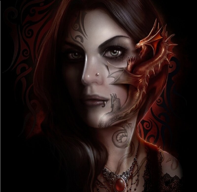 Woman with Dragon Tattoo — Black, Dramatic, Digital Art