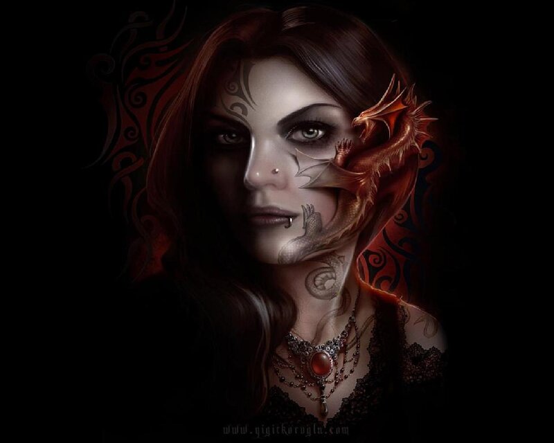 Woman with Dragon Tattoo — Black, Dramatic, Night, Digital Art