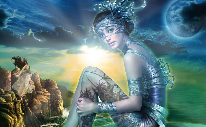 Woman with Dragon Tattoo — Blue, Dramatic, Sunset