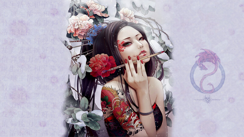 Woman with Dragon Tattoo — Purple, Serene, Digital Art