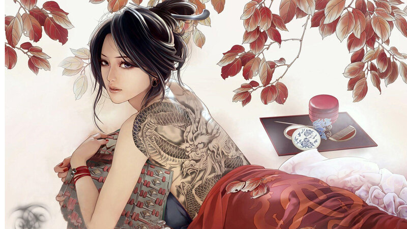 Woman with Dragon Tattoo — Red, Serene, Autumn, Digital Art