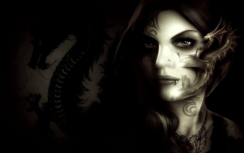 Woman with Dragon Tattoos — Black, Dramatic