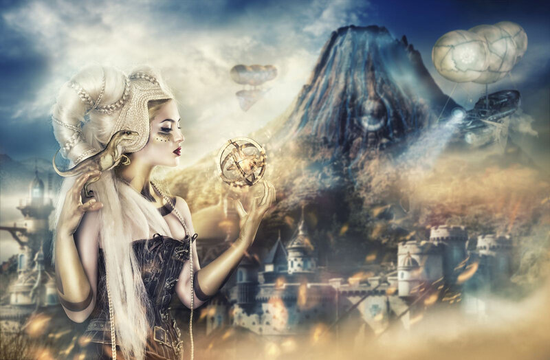 Woman with Dragon — White, Dramatic, Digital Art, Airship