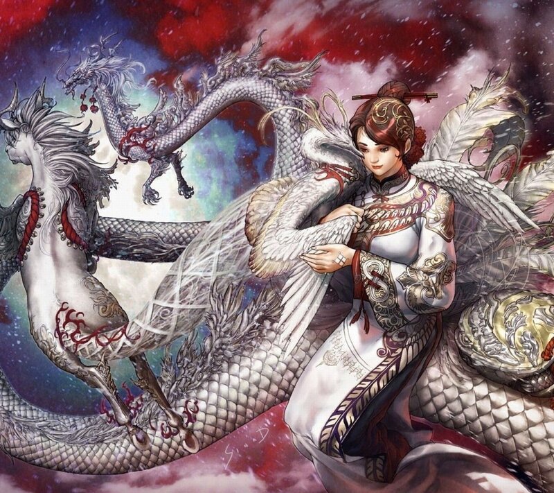 Woman with Dragon — White, Dramatic, Digital Art, Angel Wings
