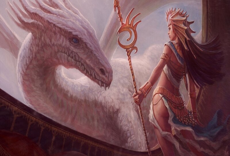 Woman with Dragon — White, Dramatic, Digital Art, Staff
