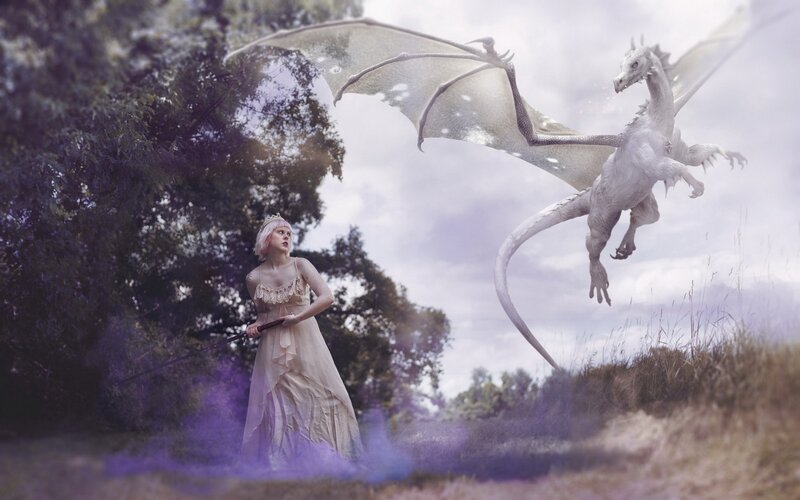 Woman with Dragon — White, Dramatic, Digital Art, Sword