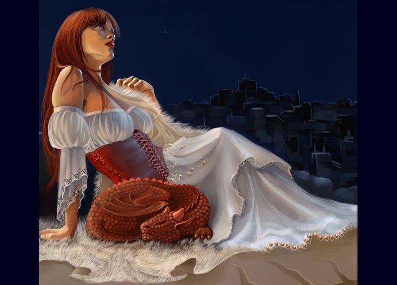 Woman with Dragon — White, Dramatic
