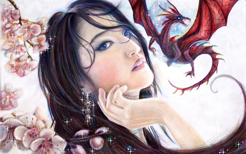 Woman with Dragon — White, Dreamy