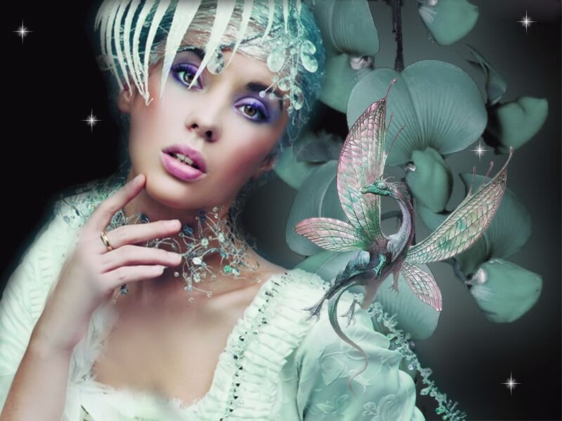 Woman with Dragon — White, Fantasy