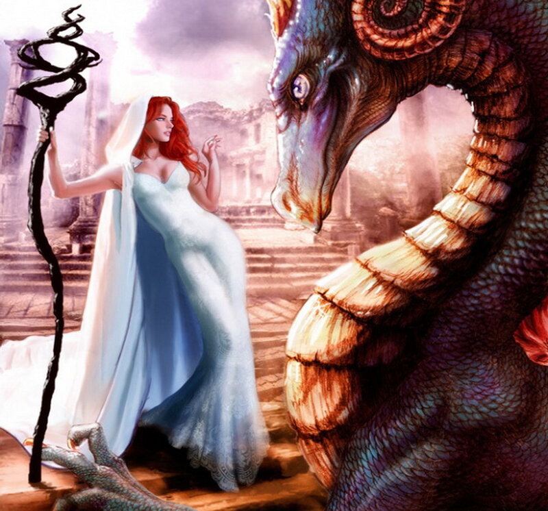 Woman with Dragon — White