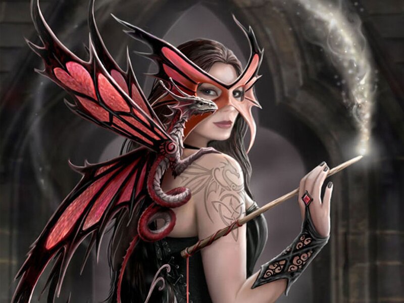 Woman with Dragon Wings — Black, Dramatic, Digital Art, Staff