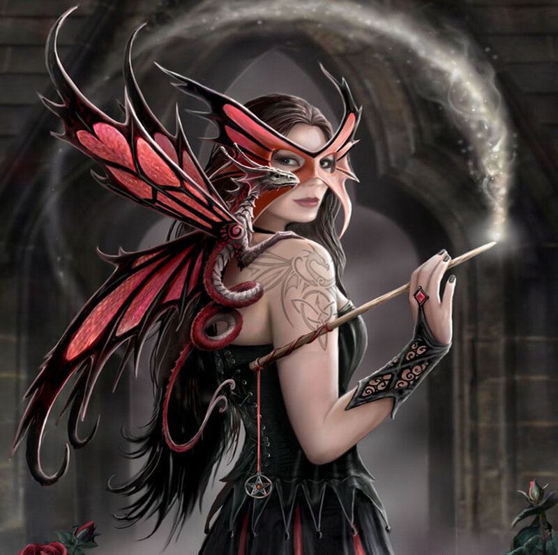 Woman with Dragon Wings — Black, Dramatic, Digital Art