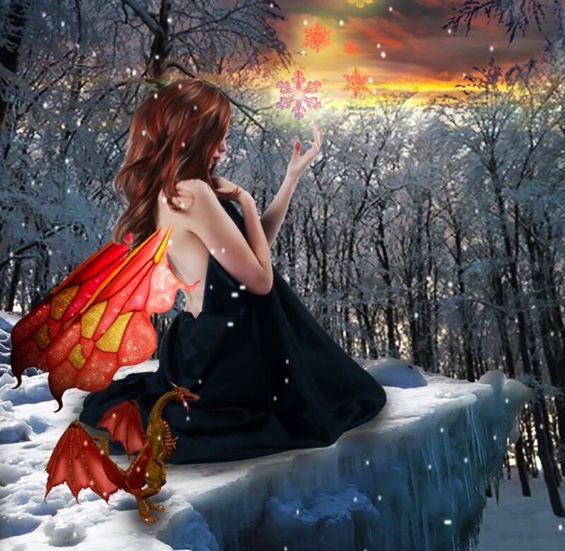 Woman with Dragon Wings — Black, Fantasy