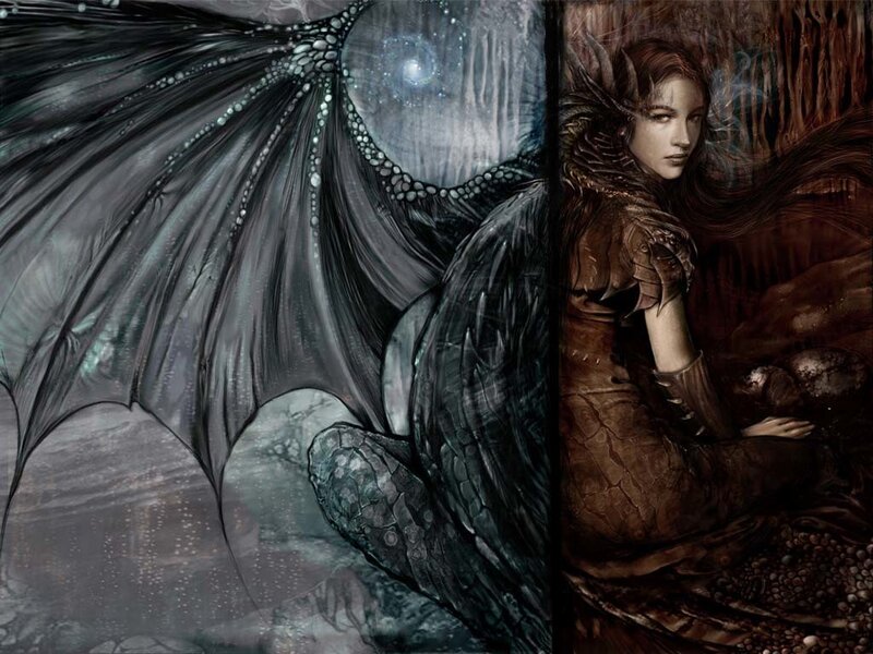 Woman with Dragon Wings — Brown, Dramatic, Digital Art