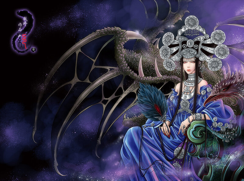 Woman with Dragon Wings — Purple, Dramatic, Night, Digital Art