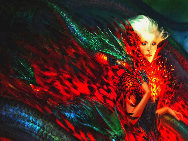 Woman with Dragon Wings — Red, Dramatic, Digital Art, Fire