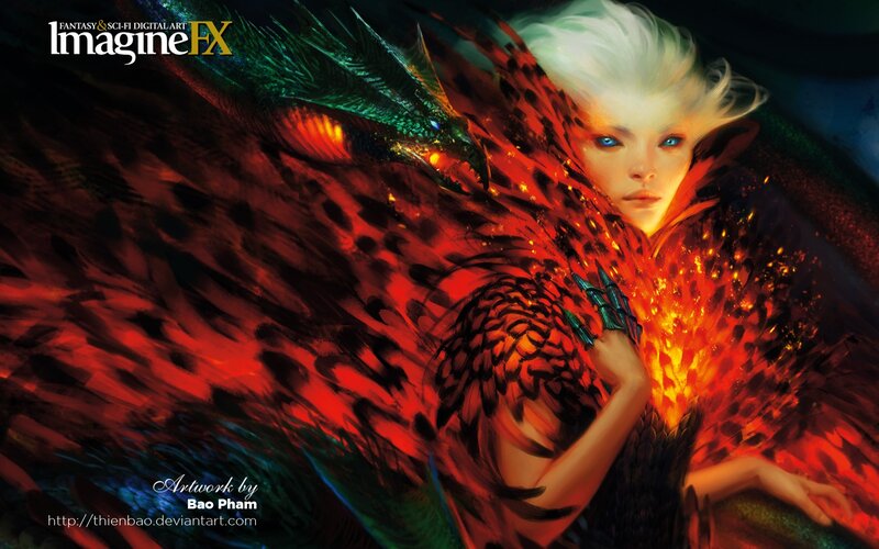 Woman with Dragon Wings — Red, Dramatic, Digital Art, Fire, White Hair