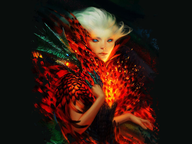 Woman with Dragon Wings — Red, Dramatic, Digital Art, White Hair