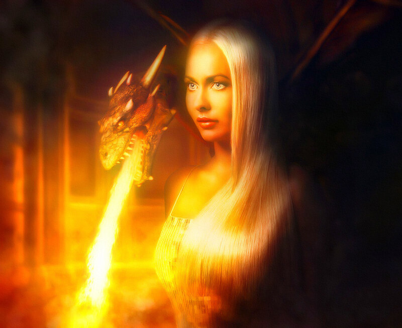 Woman with Dragon — Yellow, Dramatic, Digital Art, Fire