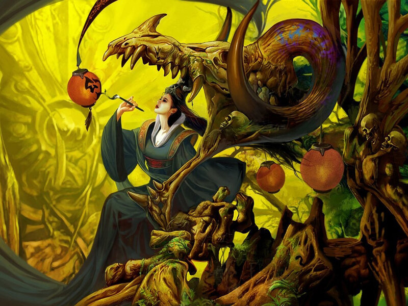 Woman with Dragon — Yellow, Dramatic, Digital Art