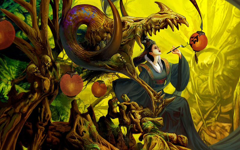 Woman with Dragon — Yellow, Dramatic, Night
