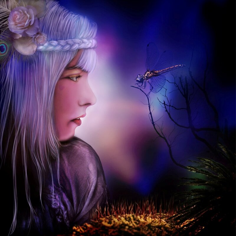 Woman with Dragonfly — Purple, Mystical