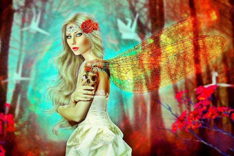 Woman with Dragonfly Wings — White