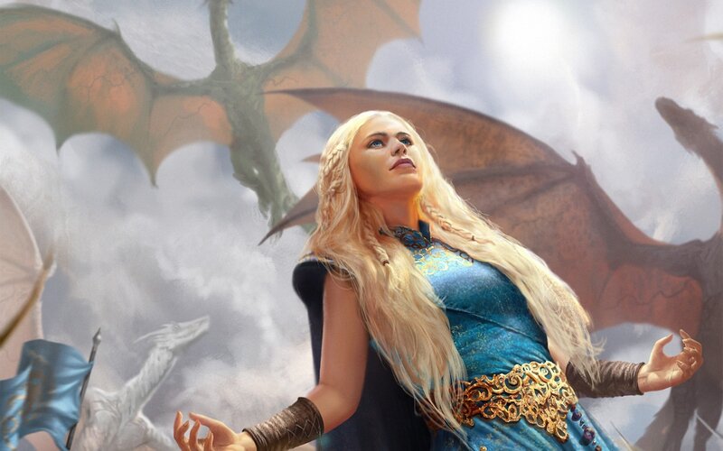 Woman with Dragons — Blue, Dramatic, Digital Art
