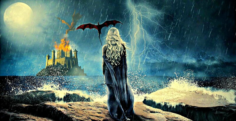 Woman with Dragons — Blue, Dramatic, Night, Digital Art, Castle