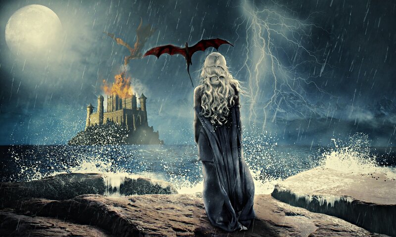 Woman with Dragons — Blue, Dramatic, Night, Digital Art