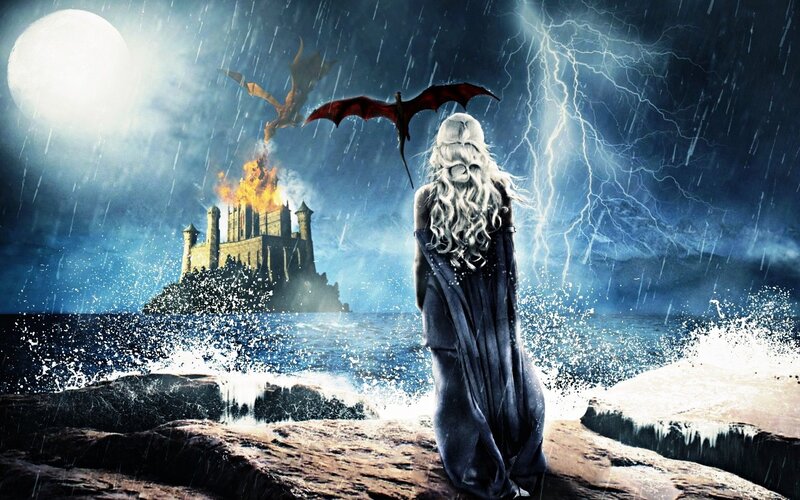 Woman with Dragons — Blue, Dramatic, Night