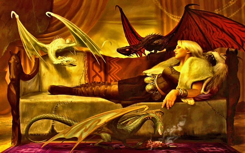 Woman with Dragons — Gold, Dramatic, Digital Art