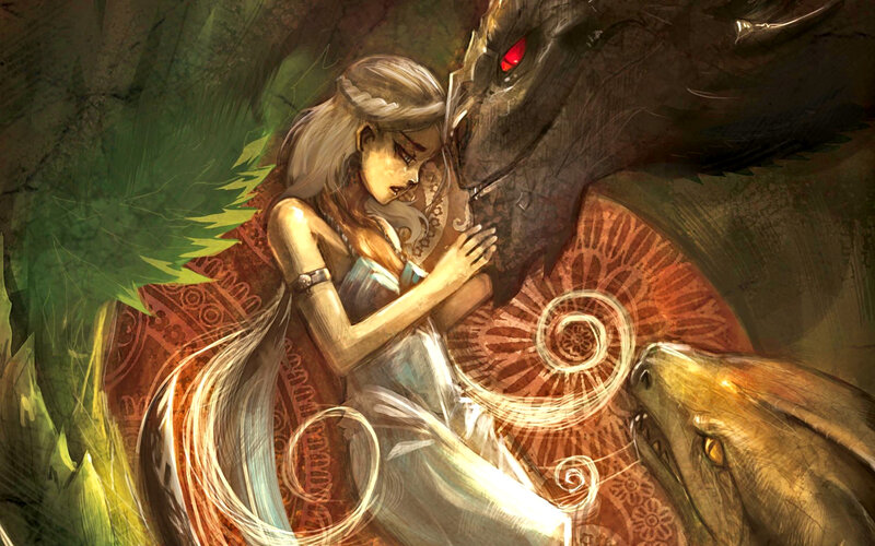 Woman with Dragons — Green, Dramatic, Digital Art, Forest