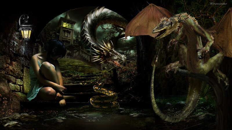 Woman with Dragons — Green, Dramatic