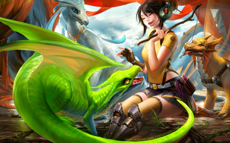 Woman with Dragons — Green, Playful